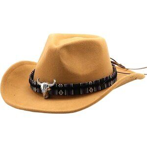 Unisex Yellow 100% Polyester Bull Skull Patterned Band Classic Fedora Cowboy Hat